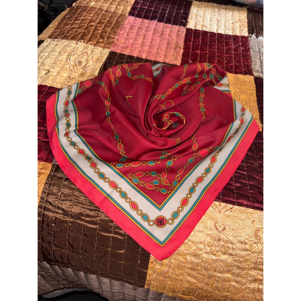 Borelli Italy Red Square Scarf Chain Link Equestrian Print Polyester Neckerchief